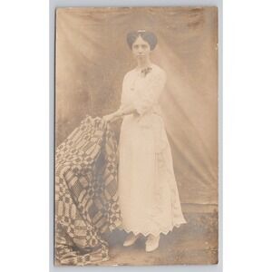Cabinet Card c1900s Full Body Photo Young Woman White Eyelet Dress RPPC Postcard